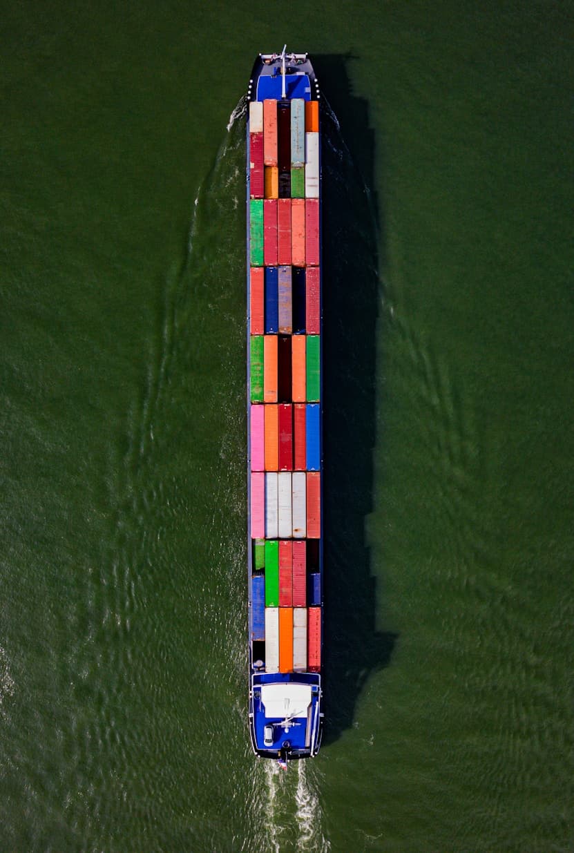 Aerial view of a container ship in transit